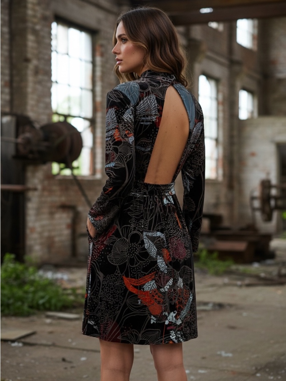 Velvet Floral Open-Back Mini Dress in Black Blue And orange